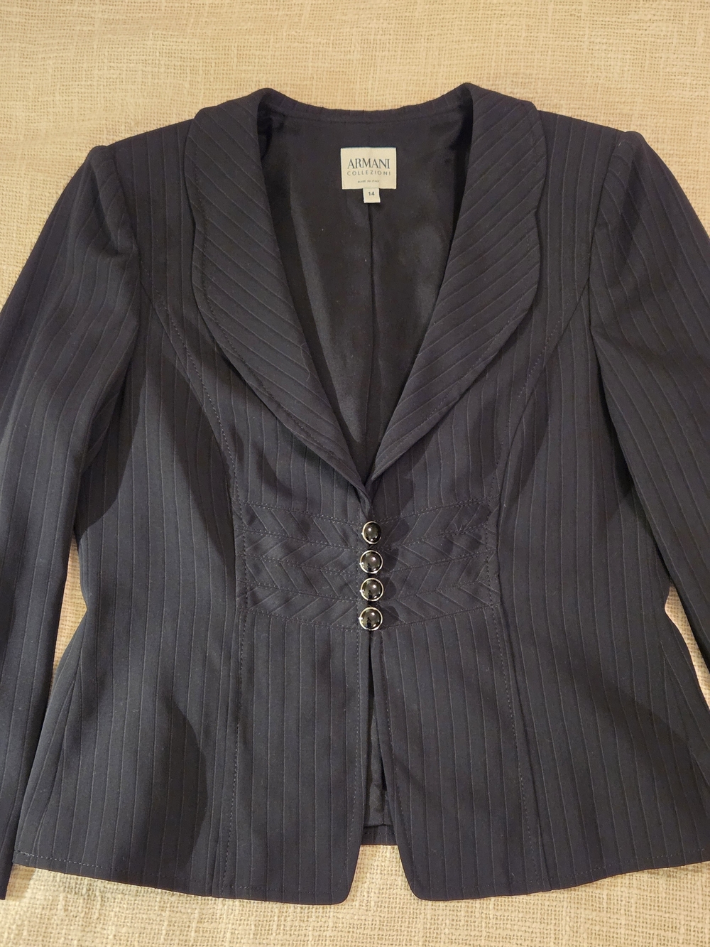 Armani Collezioni Black Pinstripe Shawl-Collar Blazer with Decorative Buttons